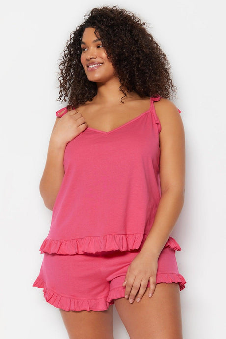 Fuchsia Knitted Lacing Detailed Pajamas Set TBBSS22PT0564 - Swordslife