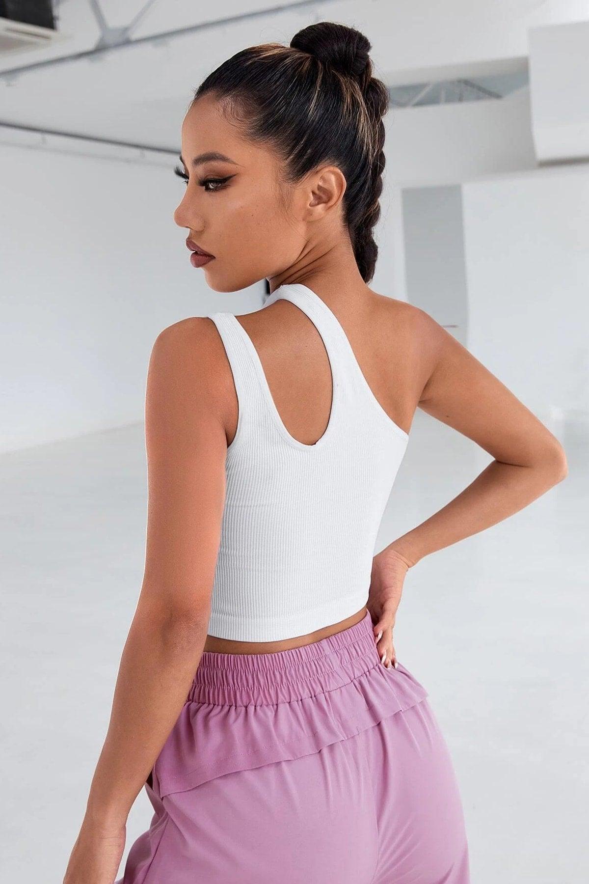 Women's White One Shoulder Cut Out Detailed Elegant Crop Top Blouse - Swordslife