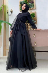 Women's Black Belted Tulle Evening Dress T 4693 - Swordslife