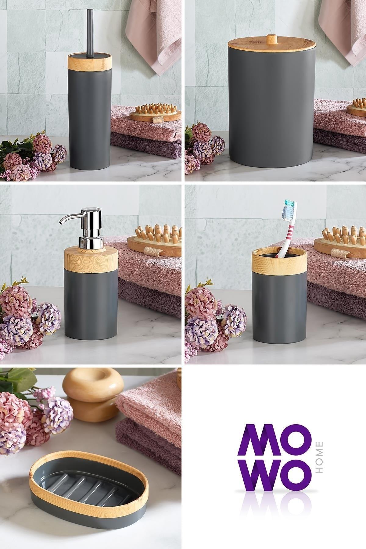 Dona Wooden Patterned 5 Pcs Bathroom Set Grey, (Liquid and Solid Soap Dispenser, Toothbrush Holder, Trash Can, Wc Brush) - Swordslife