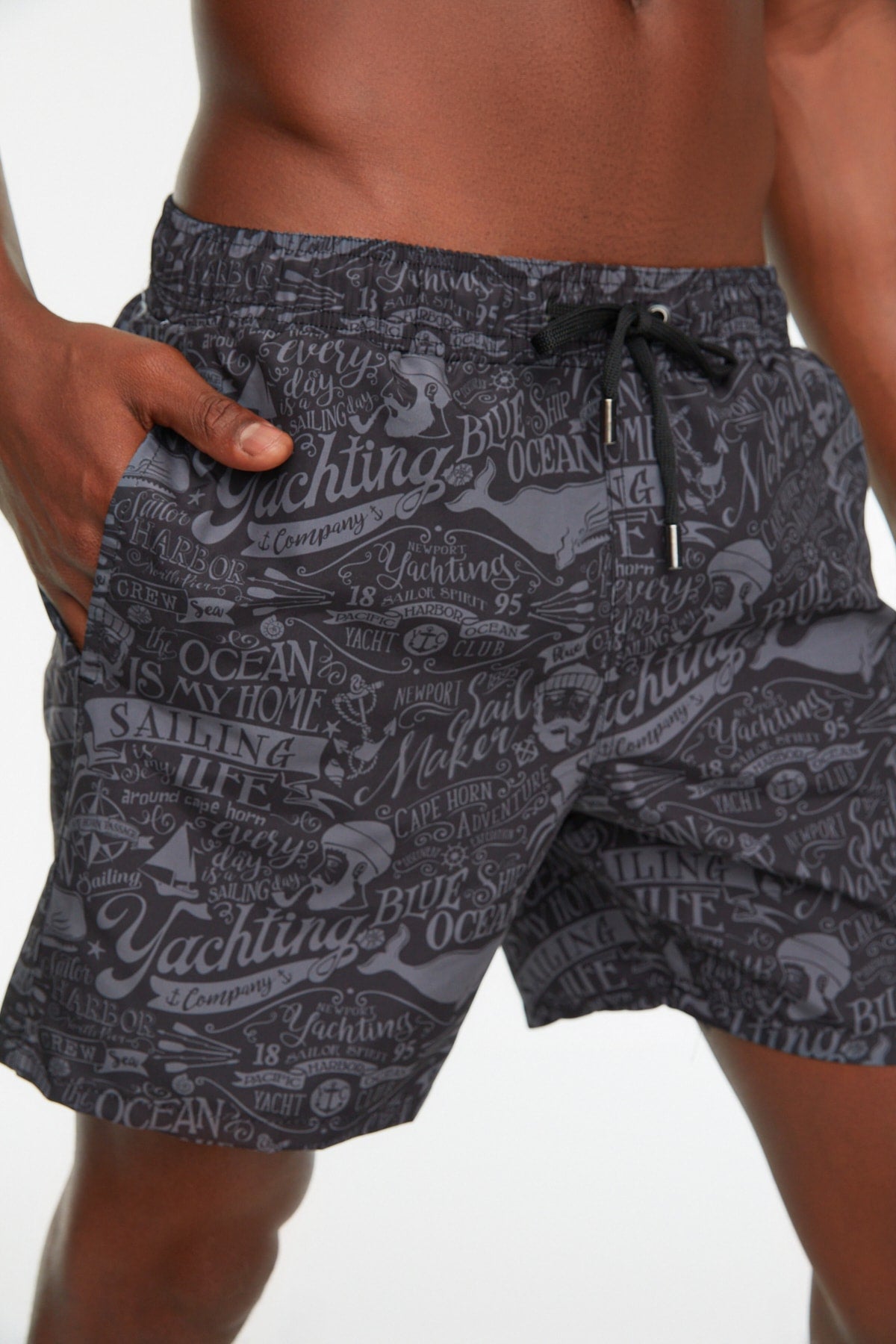 Black Men's Text Printed Standard Size Swimwear Marine Shorts