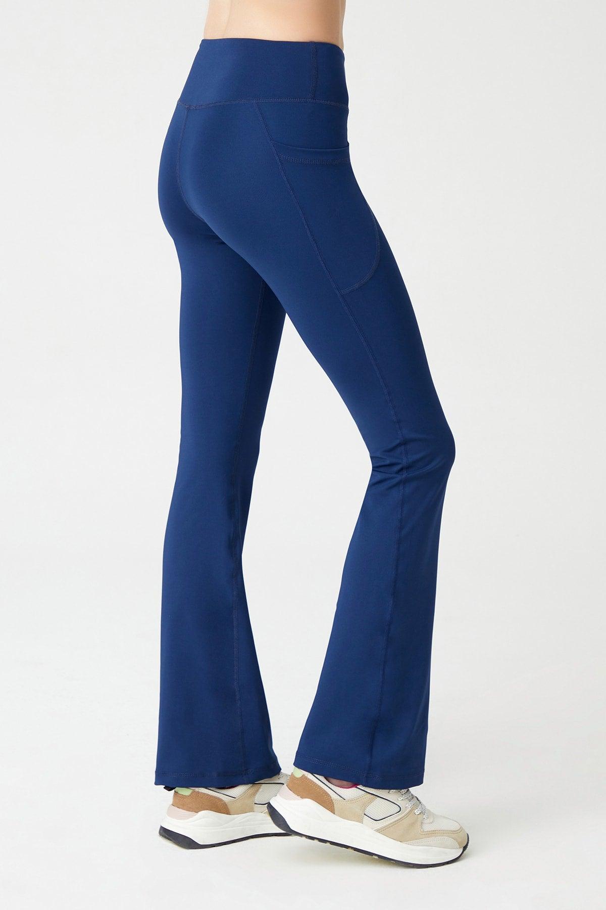 Women's Navy Blue High Waist Gatherer Double Pocket Spanish Leg Leggings Bootcut - Swordslife