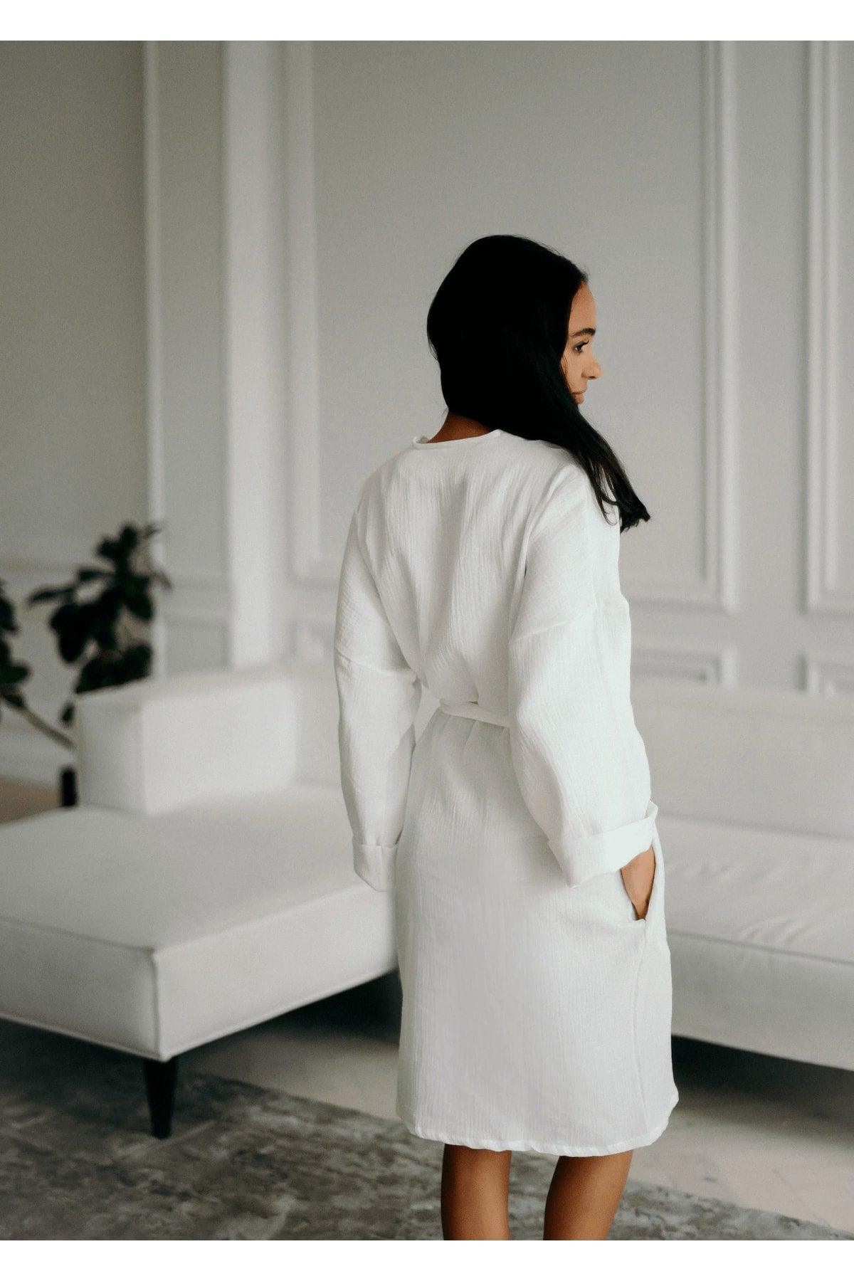 100% Cotton 4 Layer Muslin Unisex Bathrobe - Dressing Gown White - Swordslife