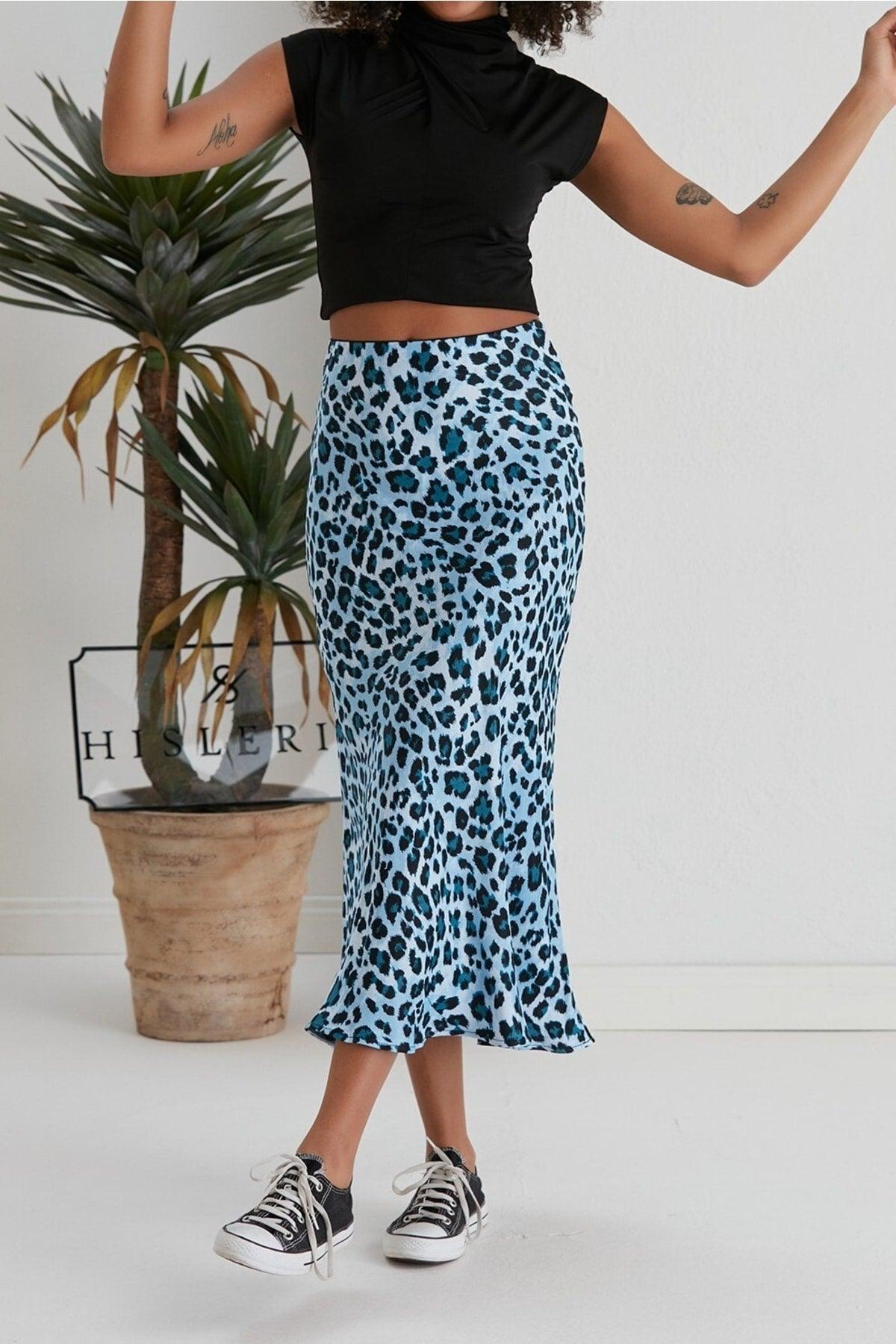 Summer Leopard Pattern Viscose Satin Midi Skirt - Sky Blue - Swordslife