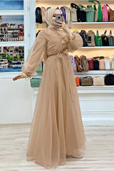 Women's Brown (CAMEL) Belted Tulle Evening Dress T 4693 - Swordslife