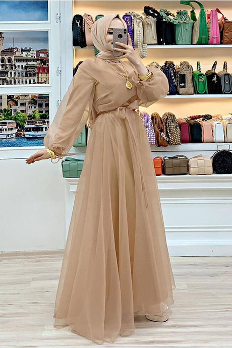 Women's Brown (CAMEL) Belted Tulle Evening Dress T 4693 - Swordslife