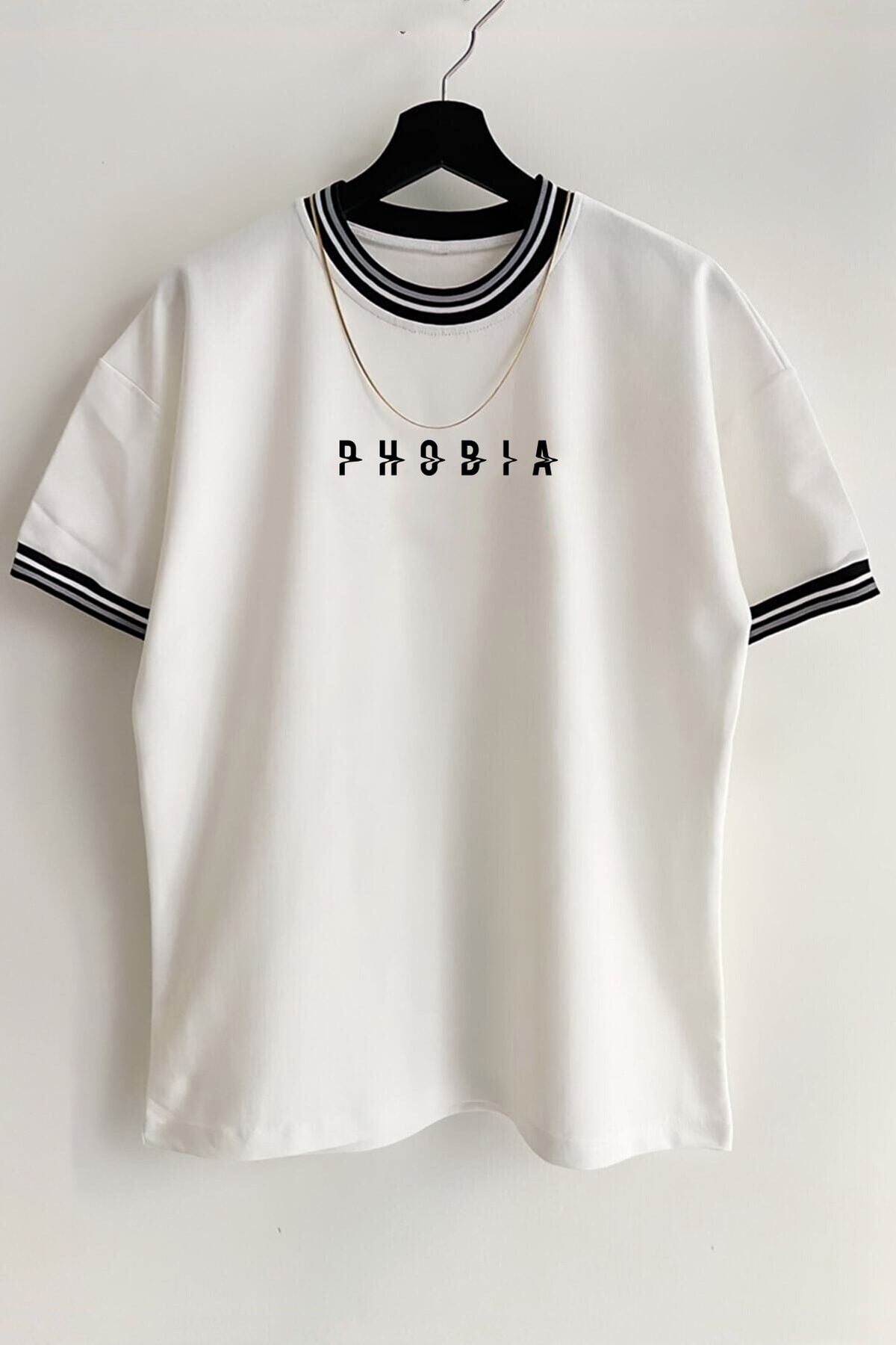 Men's New Season Oversize Phobia Patterned Collar Detailed Summer T-shirt