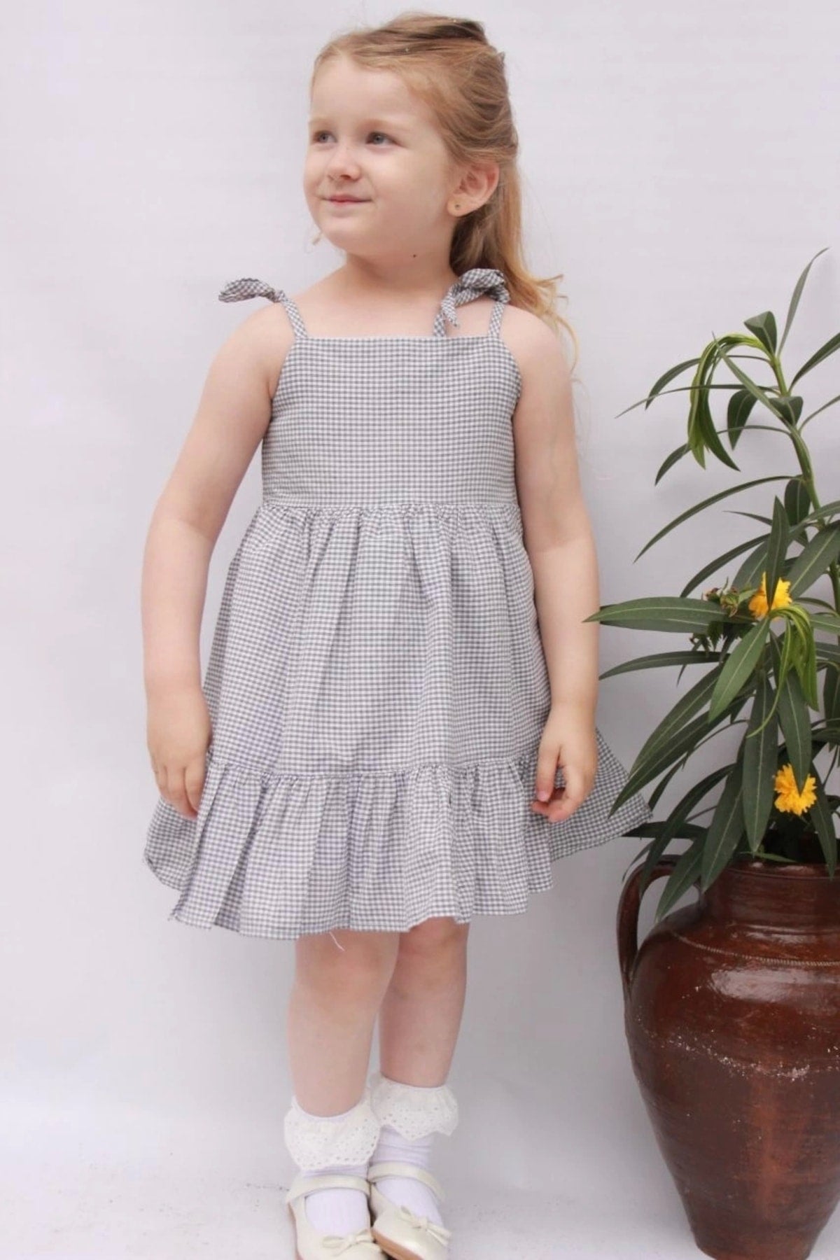 Rope Strap Girls' Check Lined Summer Dress