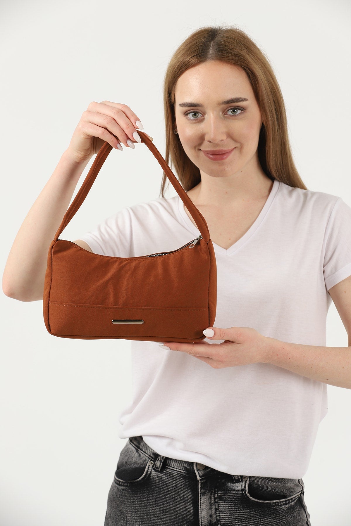 Tile U26 Single Zipper Section Canvas Fabric Women'S Daily Baguette Hand And Shoulder Bag U:13 E:25 G:6