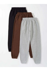 3-Pack Minimal Printed Jogger Sweatpants - Black, Gray And Brown, Elastic Leg, High Waist, Summer - Swordslife