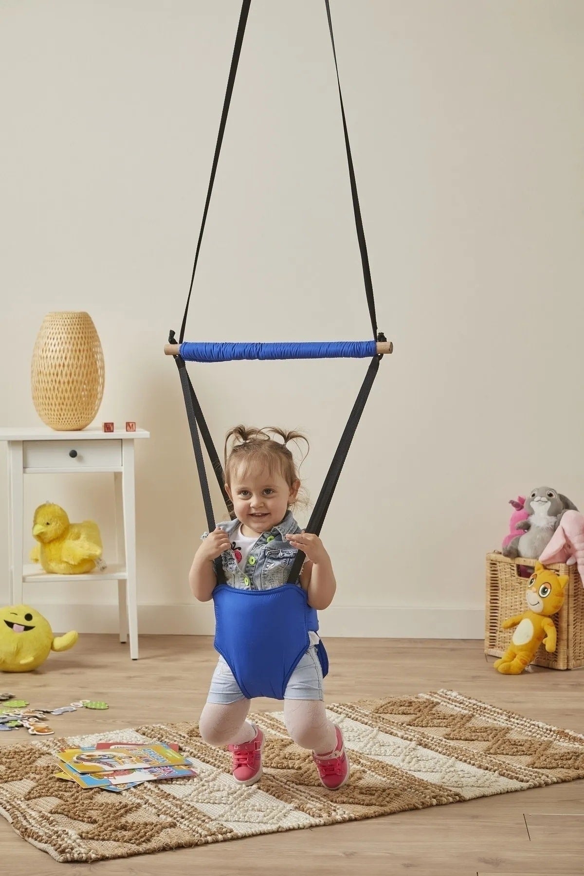 Hoppala Bouncer Känguru, Balance Baby Walker mit Feder Naturholz Blau