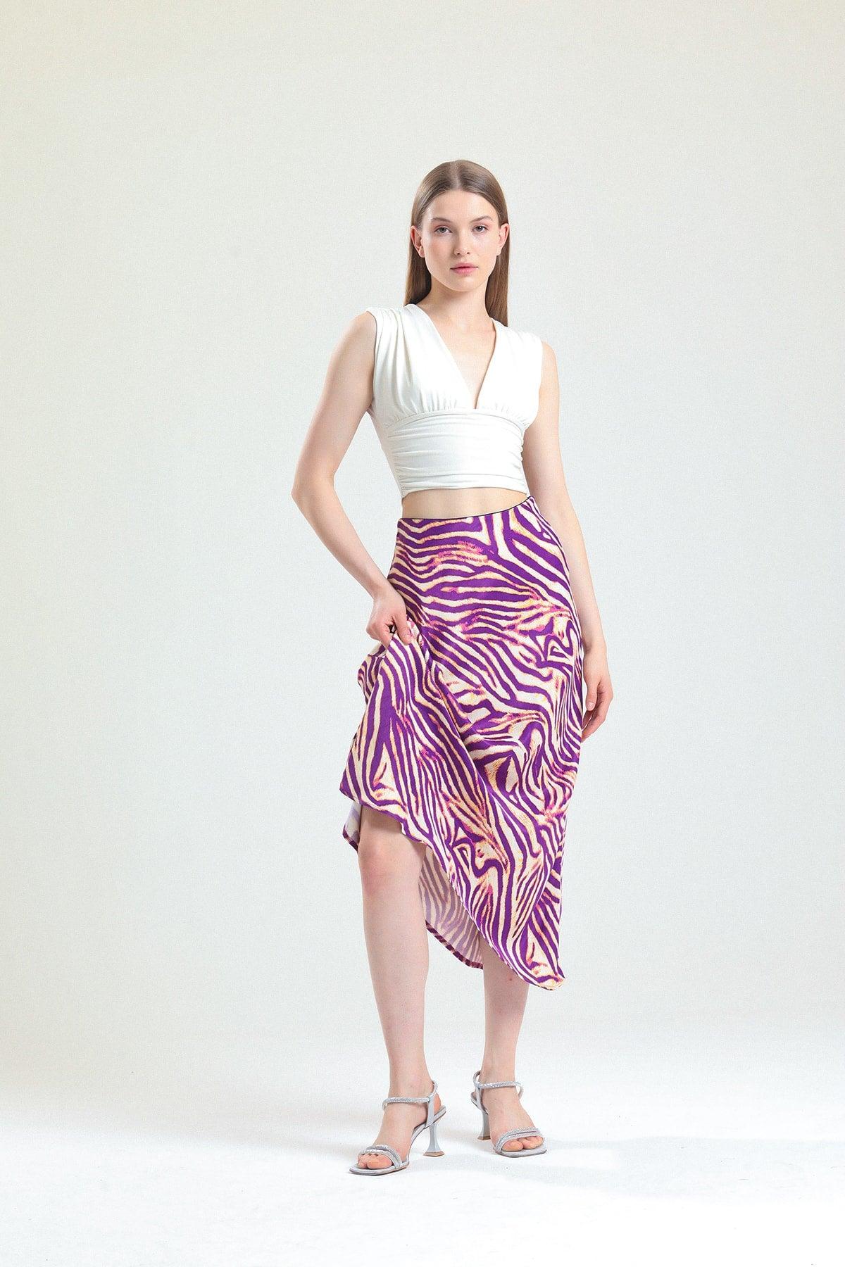 Zebra Pattern Viscose Satin Midi Skirt - Purple - Swordslife