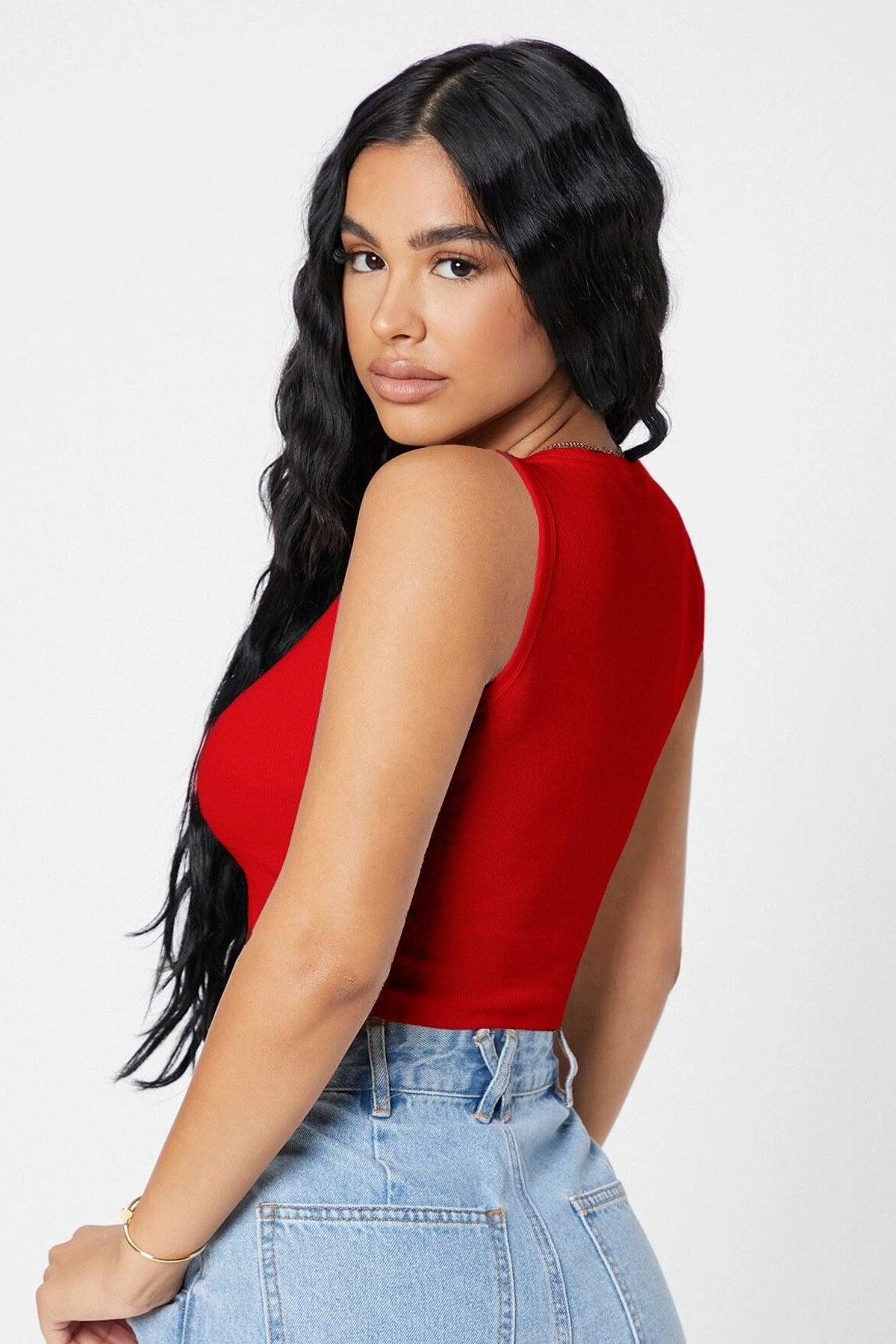 Women's Red Square Neck Crop Top Blouse - Swordslife