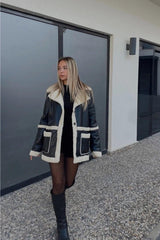 Women's Shearling Double Breasted Collar Black Leather Jacket Coats - Swordslife