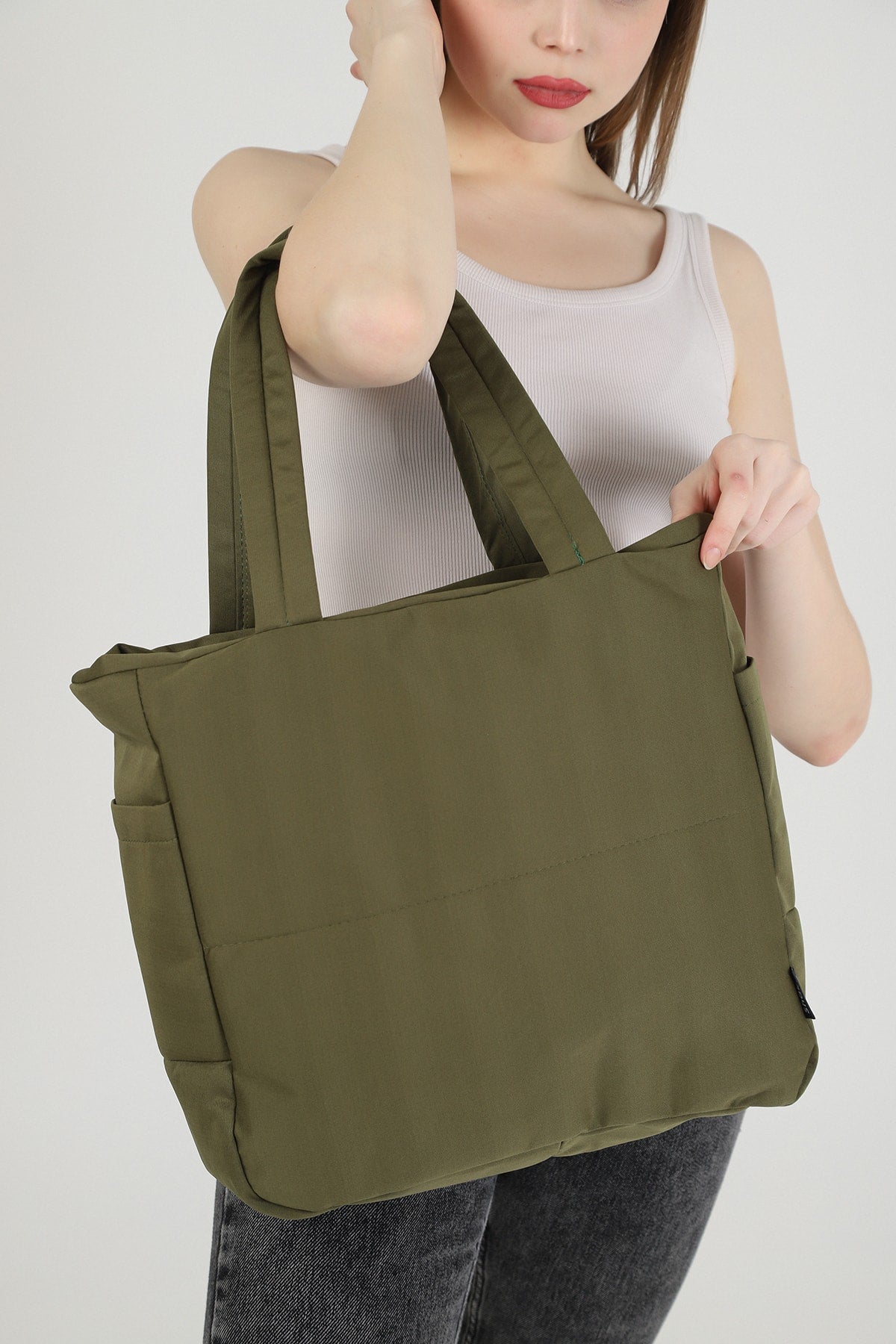 Khaki Green U25 3-Compartment Side 2 Pocket Detailed Zipper Closure Canvas Women'S Arm And Shoulder Bag B:35 E