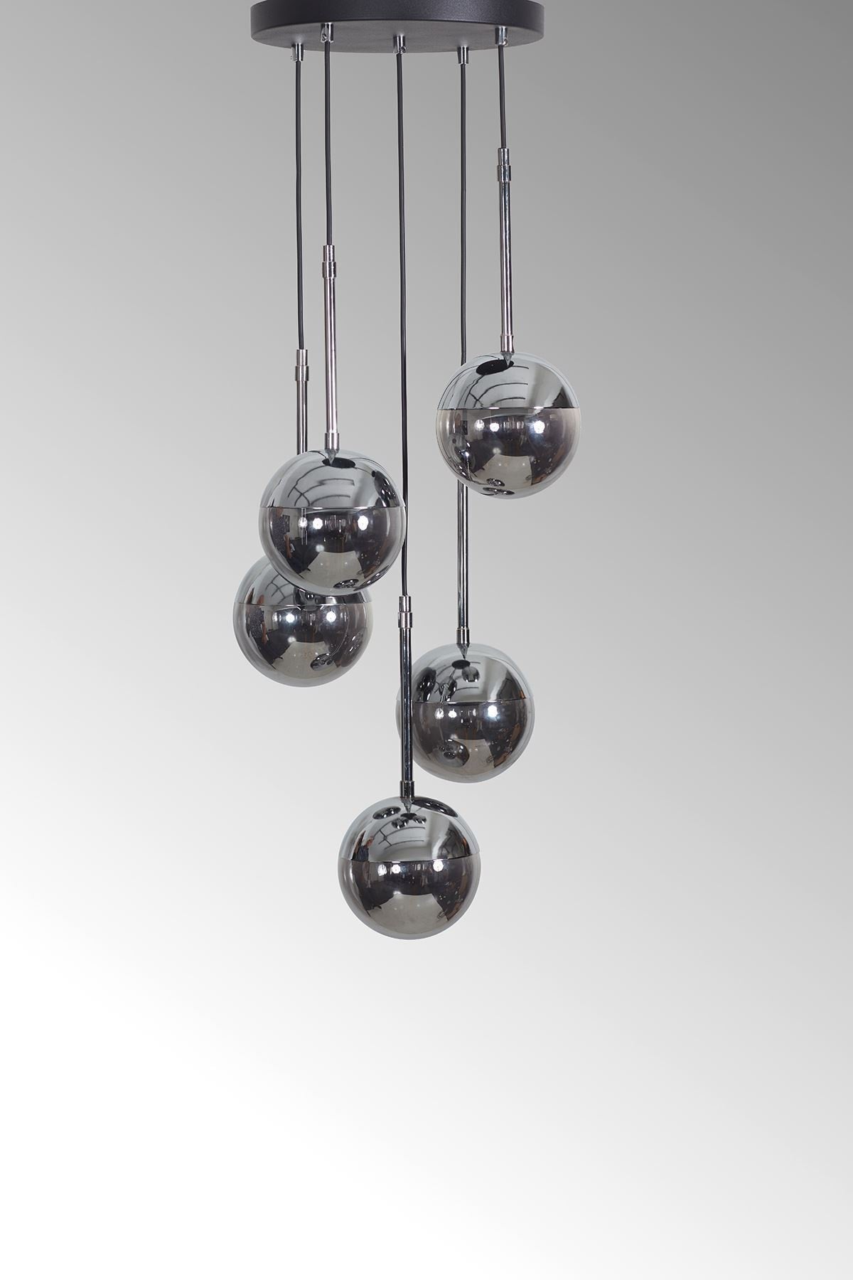 Nova 5-Piece Chrome-Black Metal Body Smoked Glass Design Luxury Pendant Lamp Chandelier