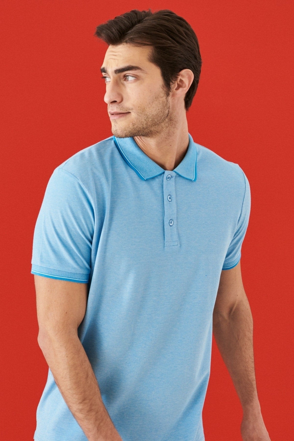 Мужская безусадочная хлопчатобумажная ткань Slim Fit Slim Fit синяя футболка с воротником-поло с отворотом