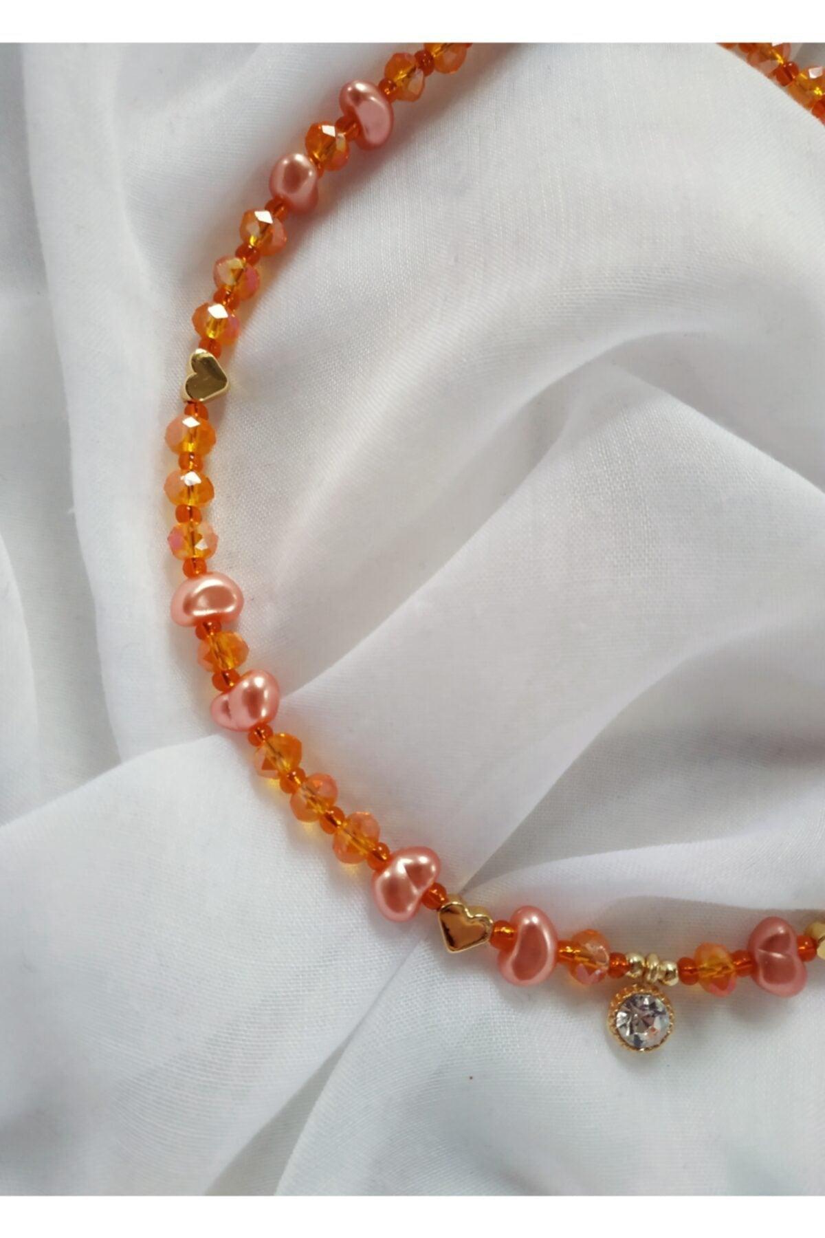 Baroque Pearls Orange Crystal Bead Necklace with White Shimmer Tip - Swordslife
