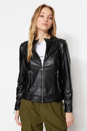 Black Faux Leather Biker Jacket Coat TWOAW23MO00372 - Swordslife