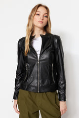 Black Faux Leather Biker Jacket Coat TWOAW23MO00372 - Swordslife