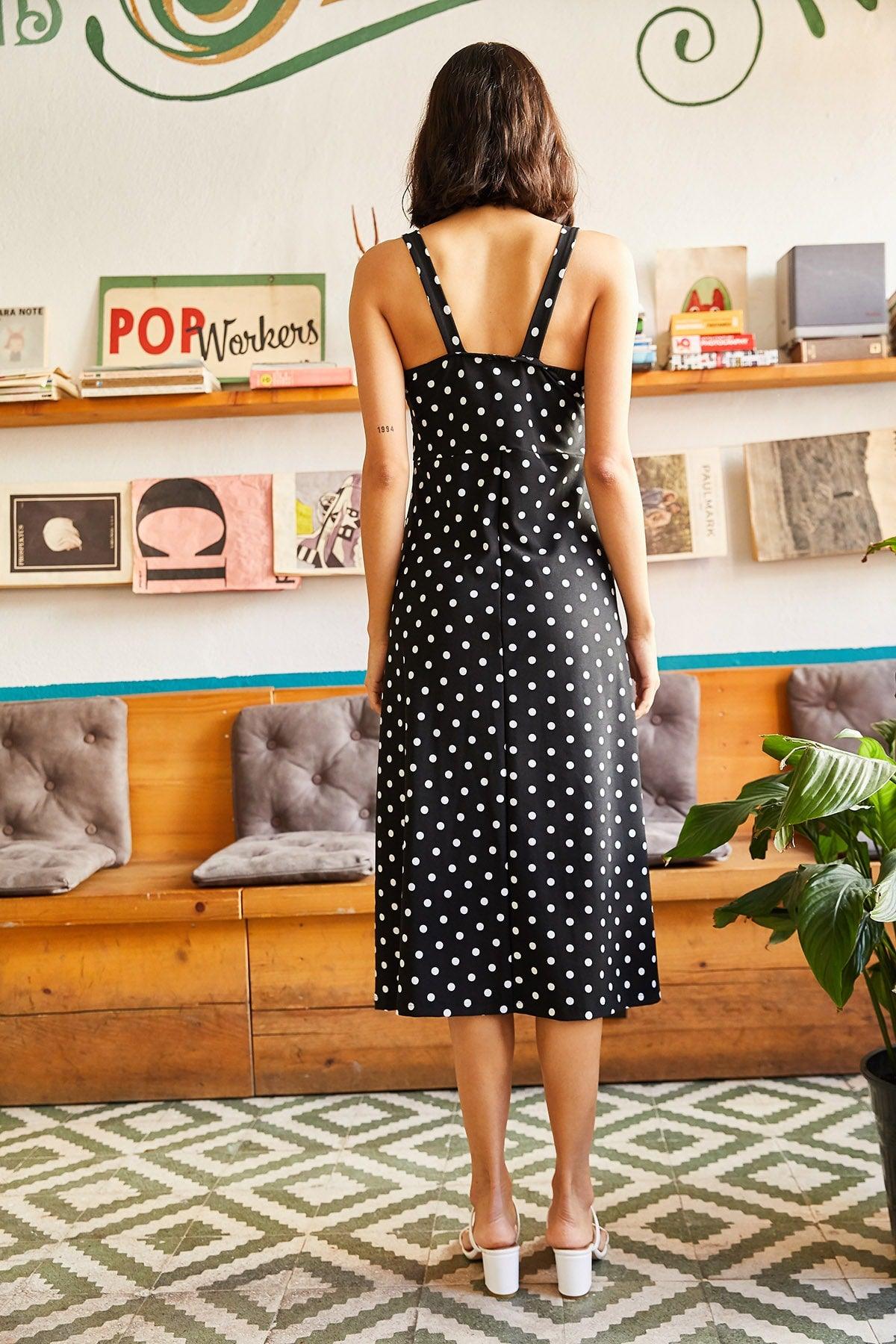 Women's Black Polka Dot Zippered Big Palm Pattern Dress ELB-19000615 - Swordslife