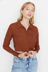 Brown Button Detailed Crop Polo Neck Crepe Knitted Blouse TWOAW22BZ0241 - Swordslife