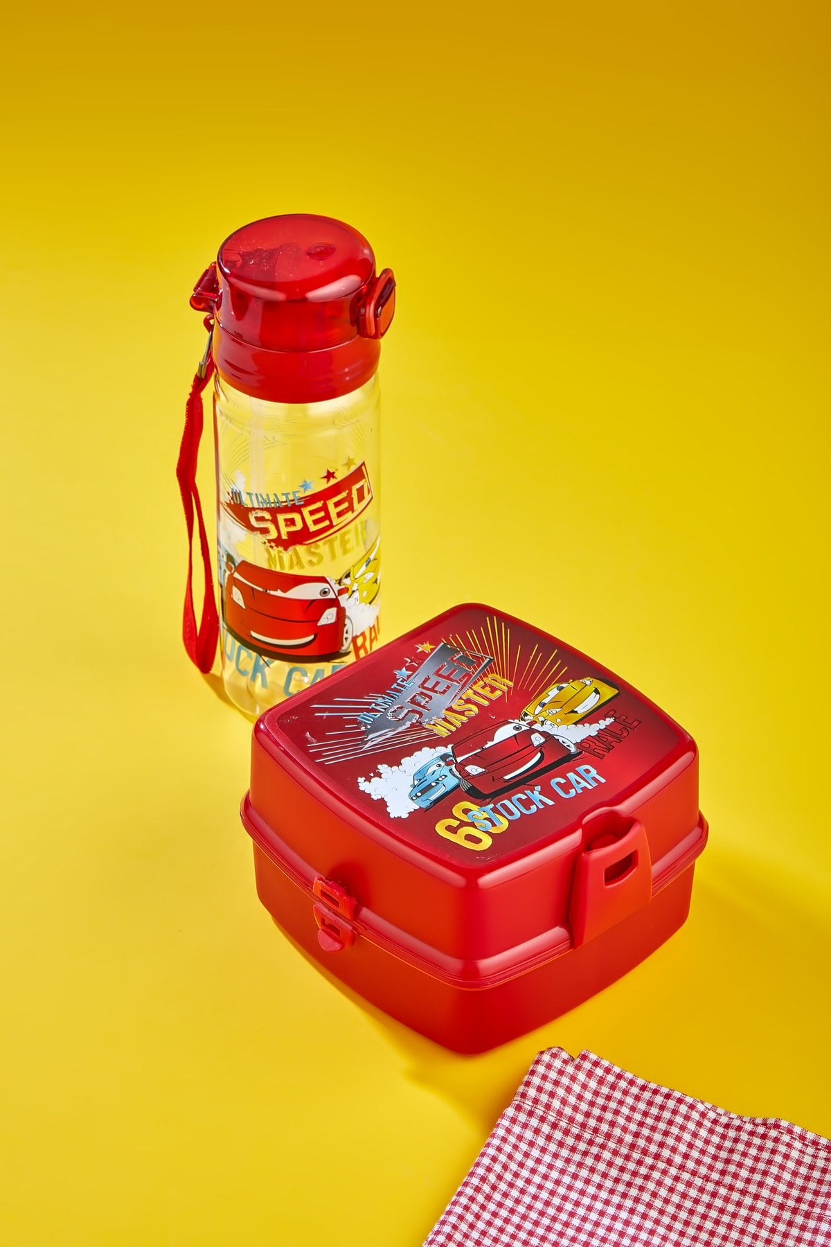 2-lagige Lunchbox mit 4 Fächern und Selbstlöffel und 500-ccm-Wasserflasche mit Strohhalmwagen