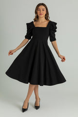 Women's Crepe Fabric Short Sleeve Square Collar Midi Length Black Dress 080 - Swordslife