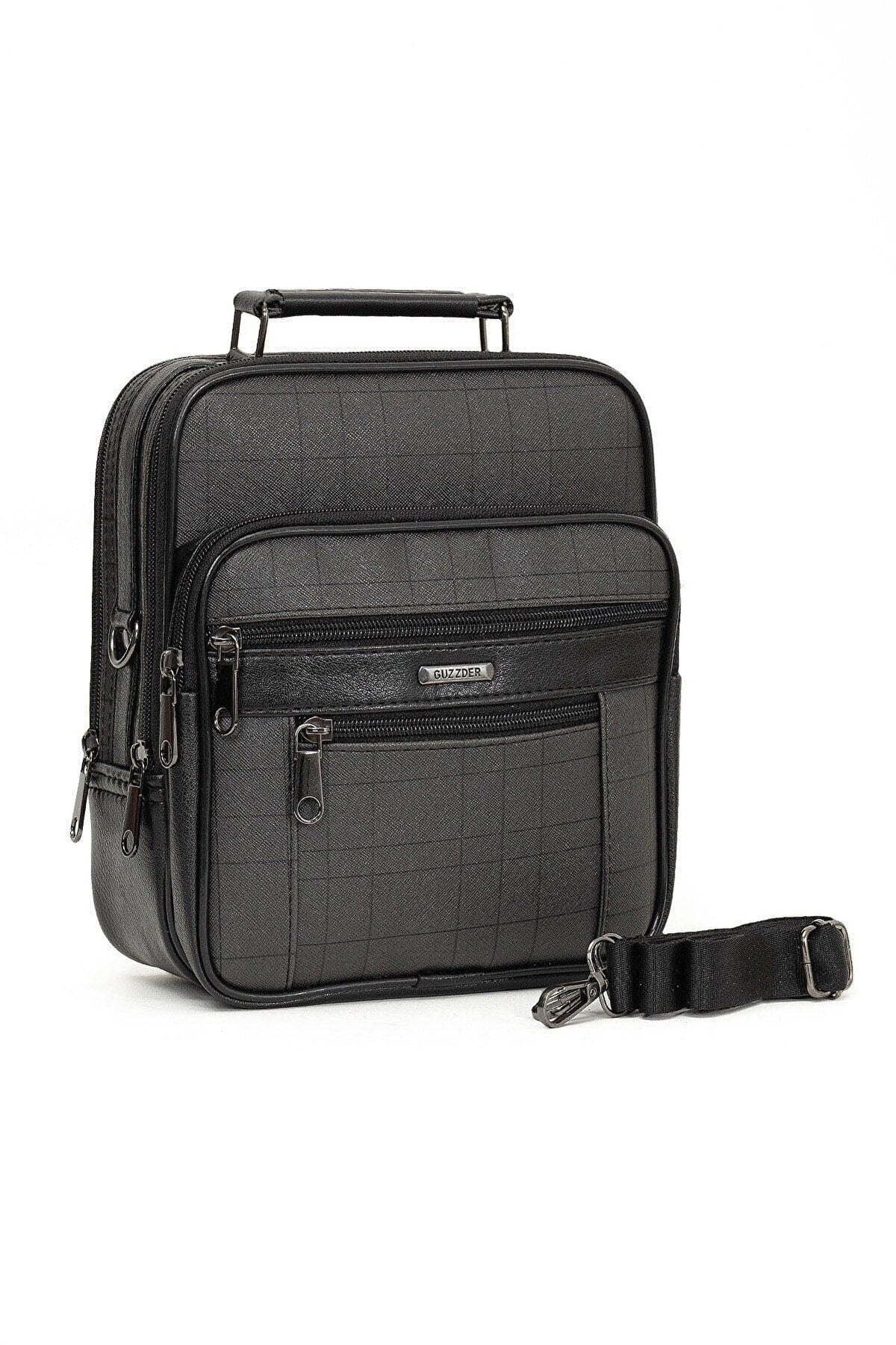 Adelina Men'S Black Leather Plaid Steel Case Handbag And Card Holder Wallet With Mechanism