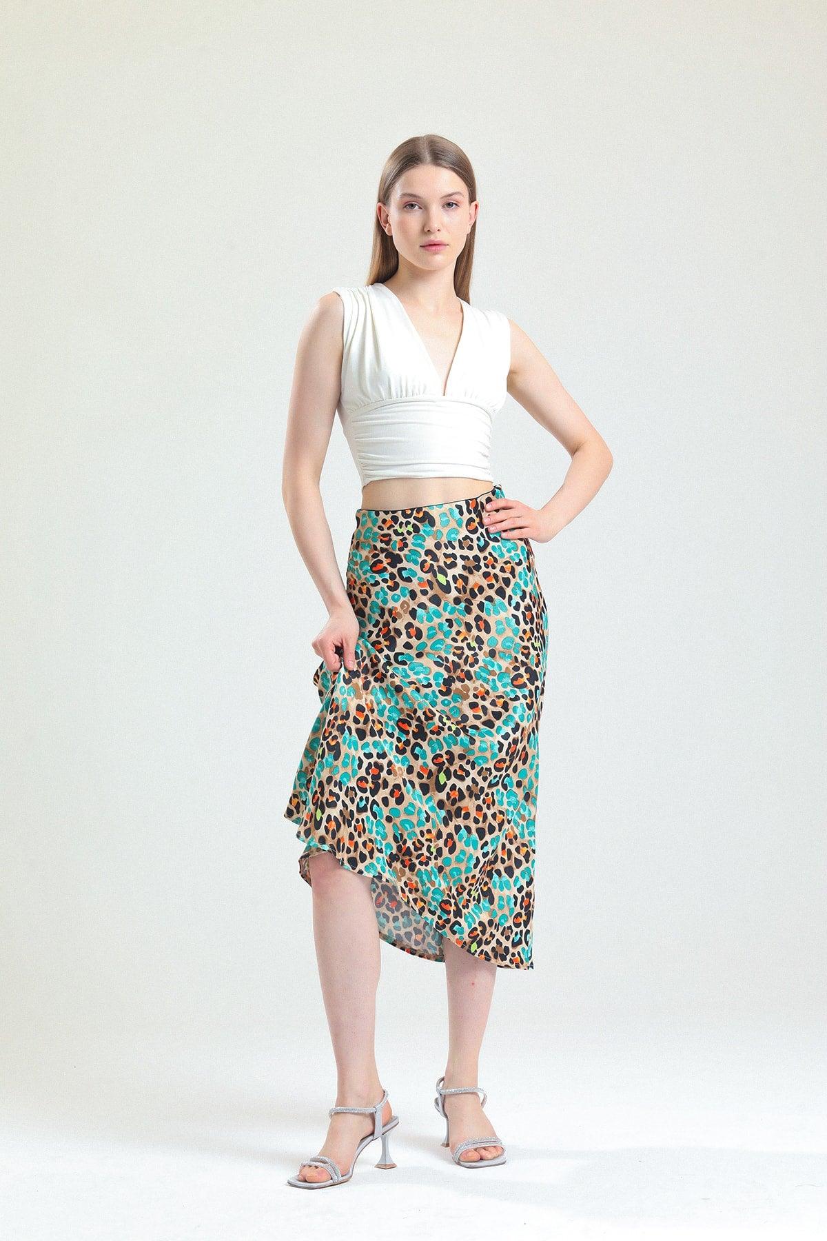 Patterned Viscose Midi Length Satin Skirt - Turquoise - Swordslife