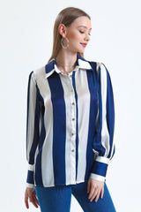 Women's Indigo Balloon Sleeve Ruffle Detailed Oversize Striped Satin Shirt - Swordslife