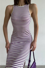 Purple Striped Midi Length Pencil Dress (zck0486) - Swordslife