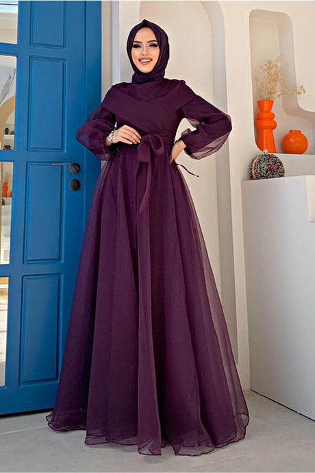 Women's Purple Belted Tulle Evening Dress T 4693 - Swordslife