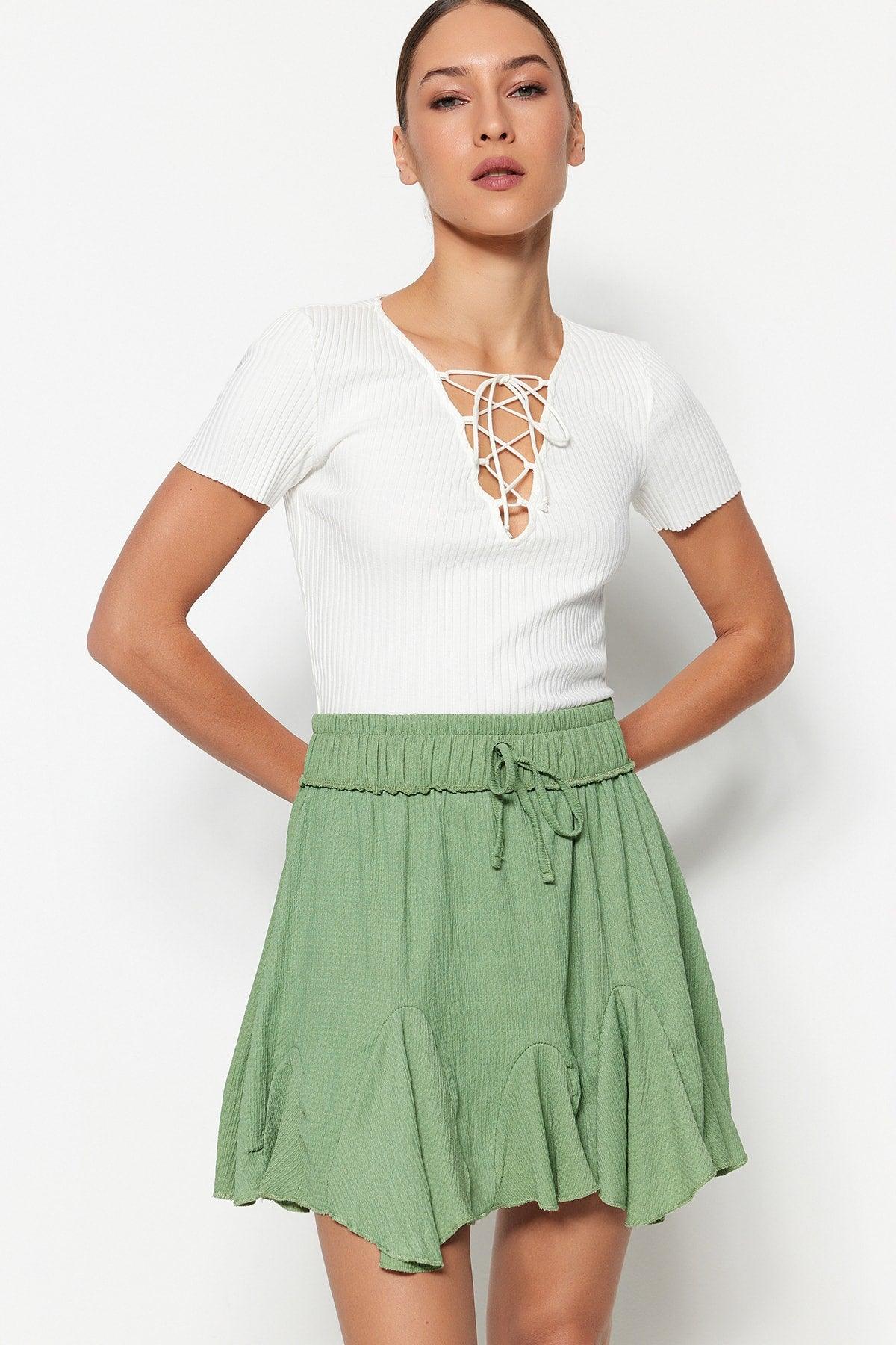 Green Skirt Frilled Normal Waist Crepe Mini Knitted Skirt TWOSS21ET0056 - Swordslife