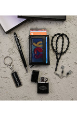 Personalized Mechanism Leather Wallet Key Chain Rosary Pen And Lighter Set