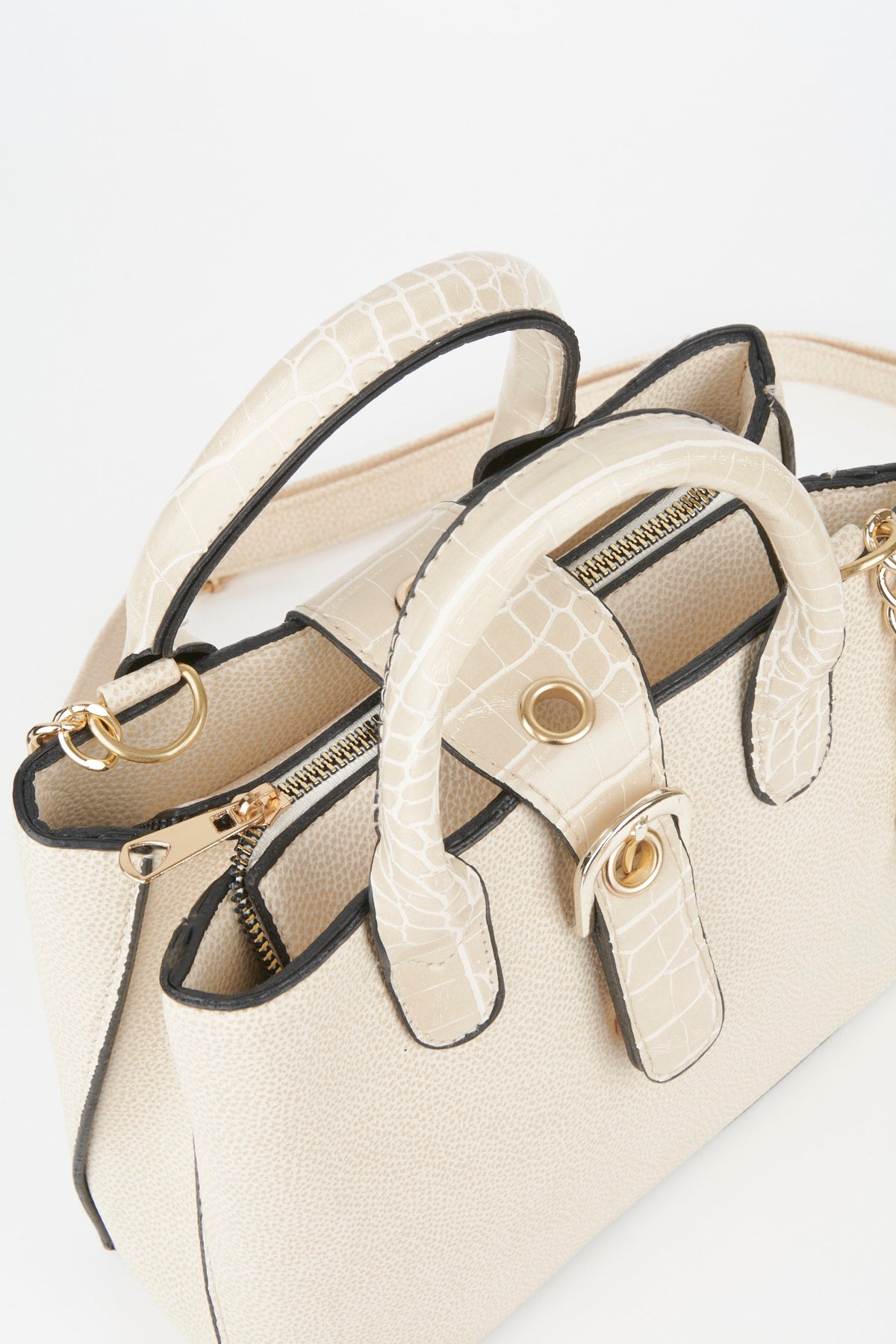 Cremefarbene Hand- und Schultertasche mit Kroko-Griffriemen und 2 Fächern sowie Druckknopf-Reißverschluss für Damen