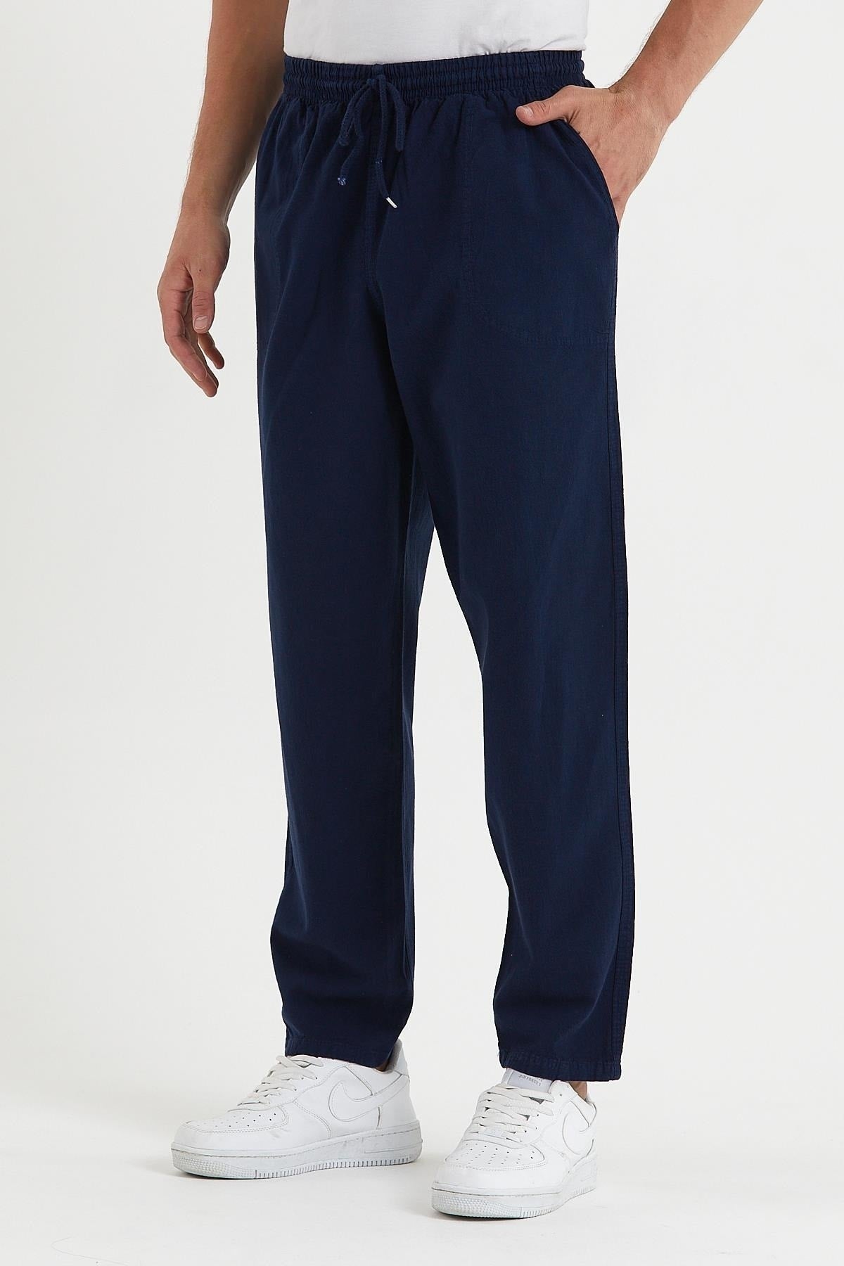 Men's Navy Blue Color Linen Trousers
