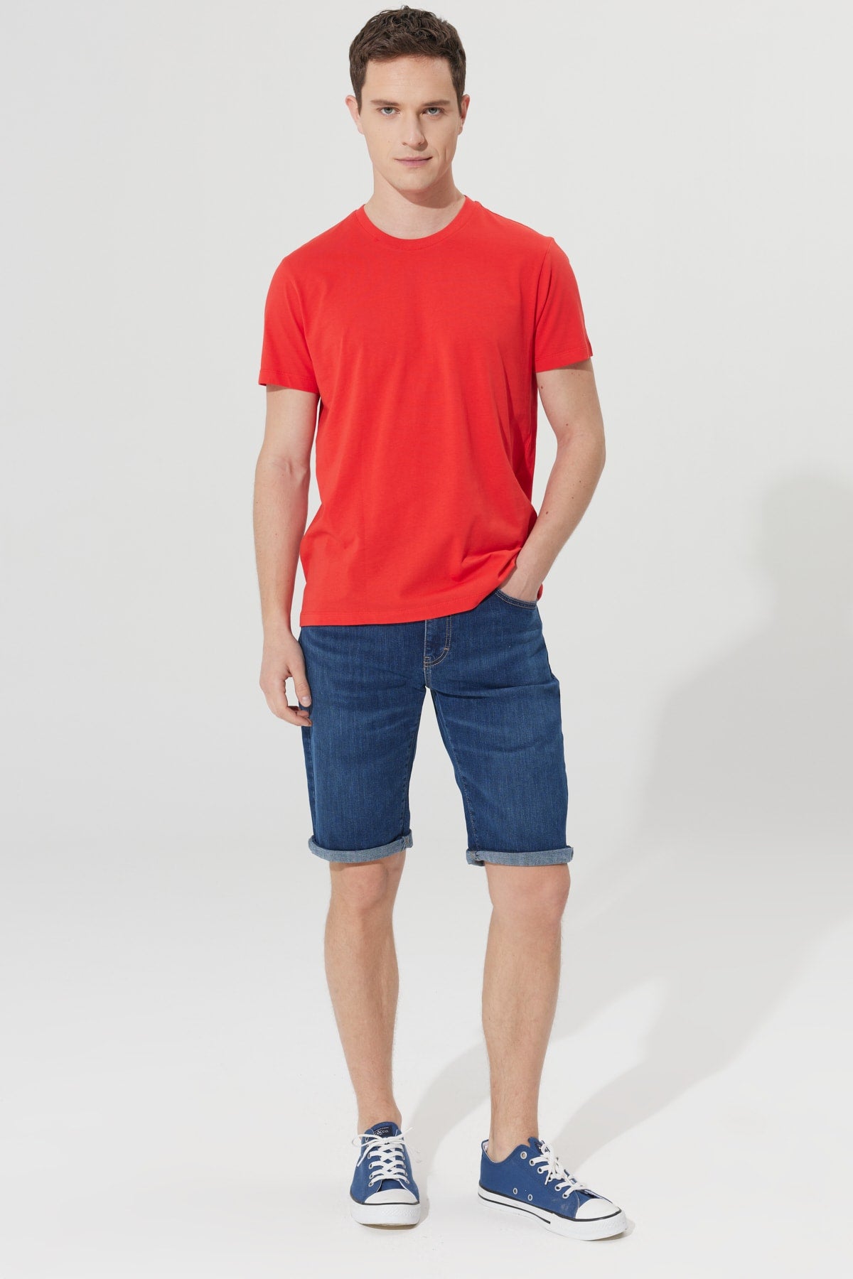 Men'S Red 100% Cotton Slim Fit Slim Fit Crew Neck Short Sleeved T-Shirt