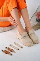 Women's Thick Sole Loafer Moccasin Shoes Unscrew Buckle Beige - Swordslife