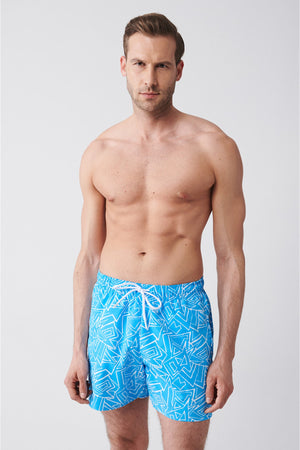 Men'S Turquoise Quick Dry Printed Standard Size Swimwear Marine Shorts E003802