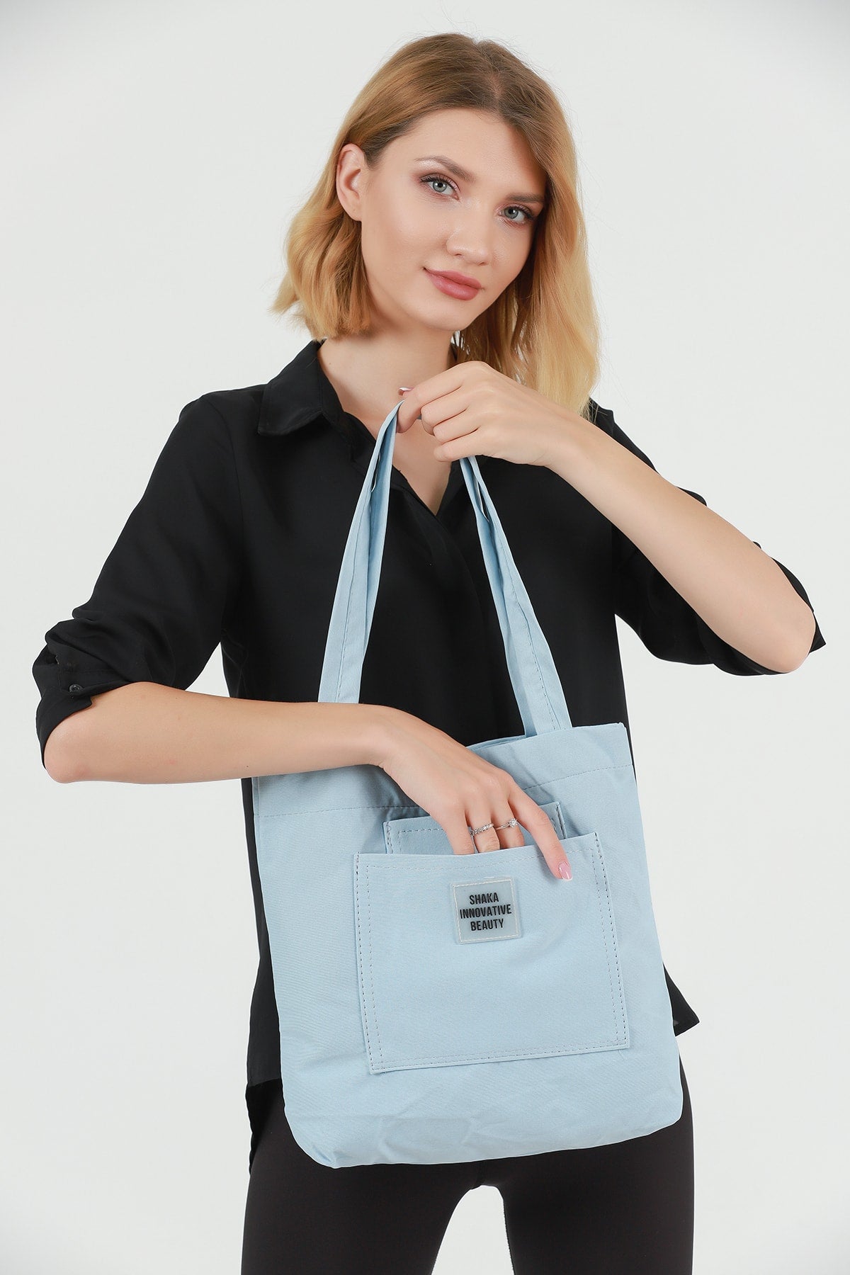 Blue U22 3-Compartment Front 2 Pocket Detailed Canvas Fabric Daily Women'S Arm And Shoulder Bag B:35 E:35