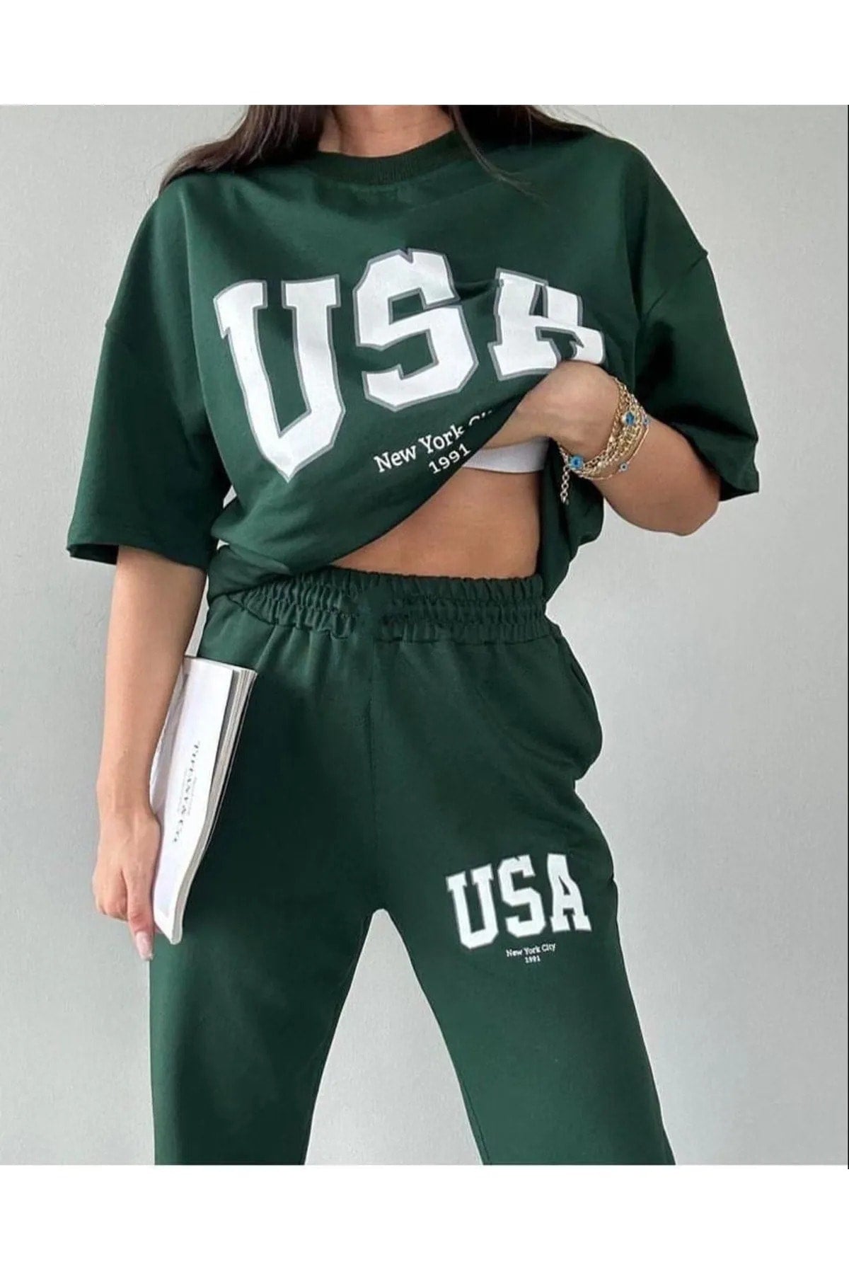 Usa T-Shirt Sweatpants Jogger- Green Printed Bottom Top Tracksuit Suit Oversize Crew Neck