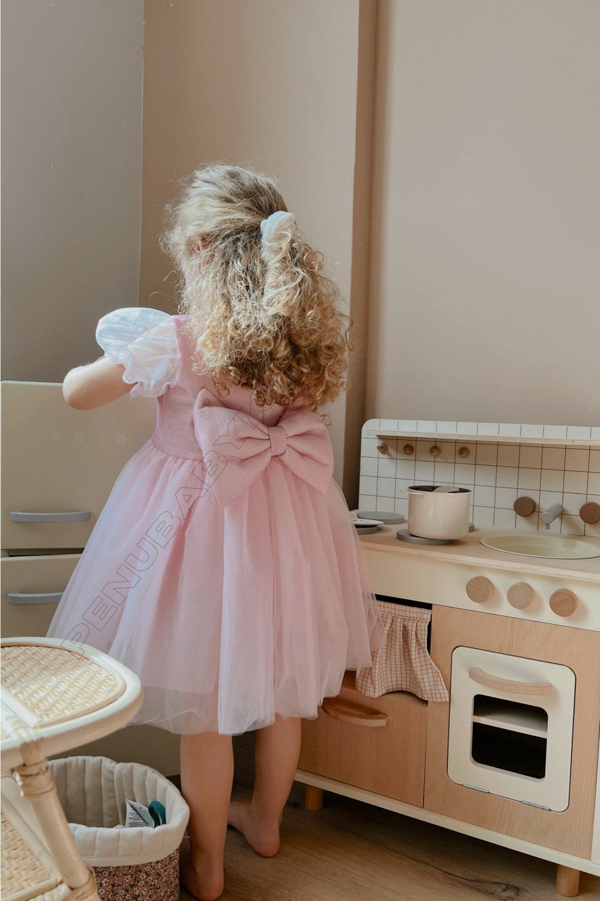 Rosa kurzes Tüllkleid mit Ballonärmeln und detailliertem Tüll für Babymädchen - Cinderella