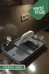 Collapsible Sliding Plate Rack Dish Rack Dish Basket - Dish Brush Set / Anthracite