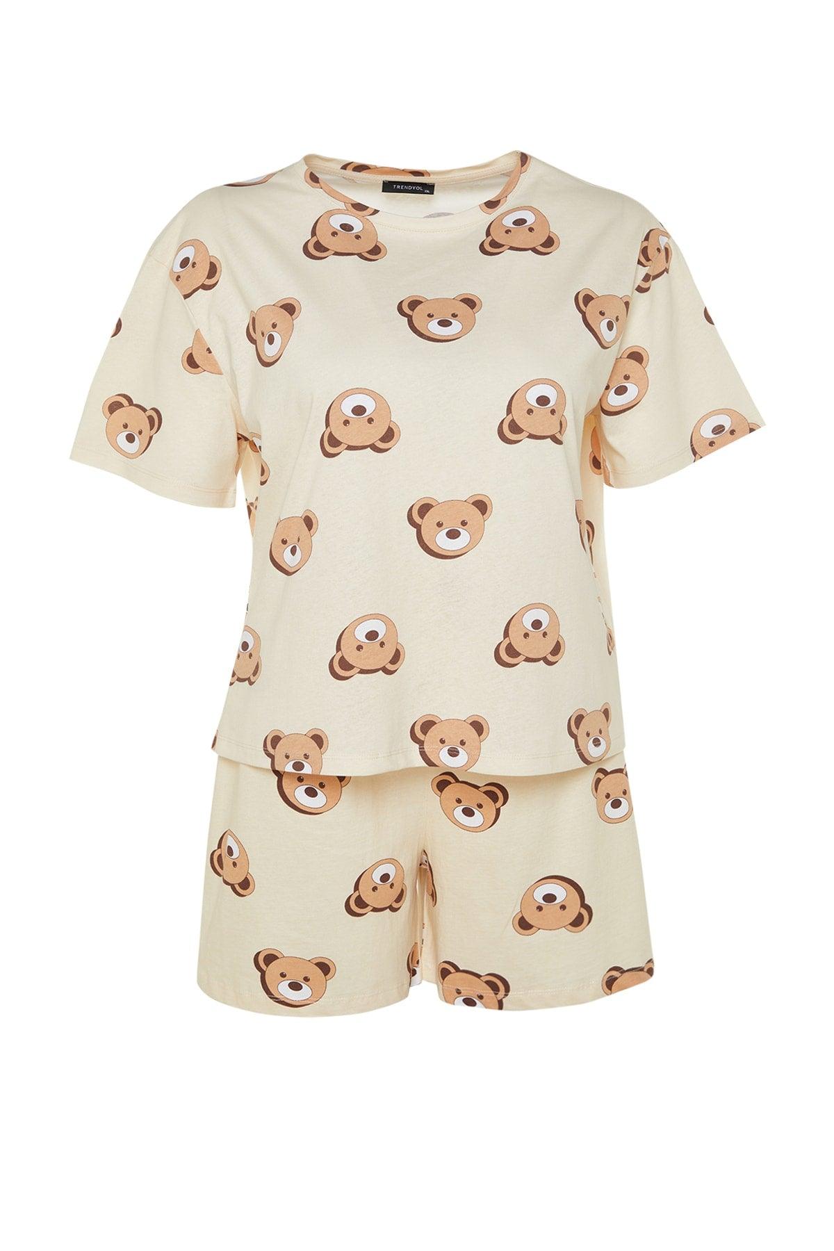 Ecru Teddy Bear Printed Cotton Knitted Pajamas Set TBBSS23AI00022 - Swordslife