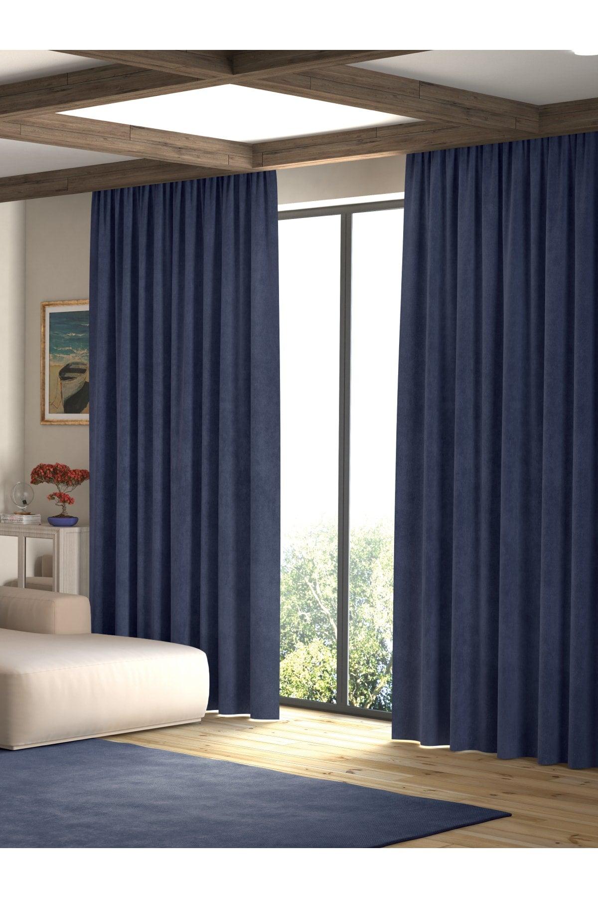 Velvet Textured Dark Blue Island Backdrop Curtain Extraforward Pleated - Swordslife