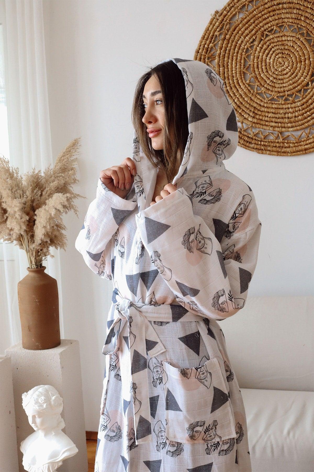 Adult Patterned Muslin Bathrobe, Special Design 100% Cotton 2 Layers Double Sided Hooded - Swordslife
