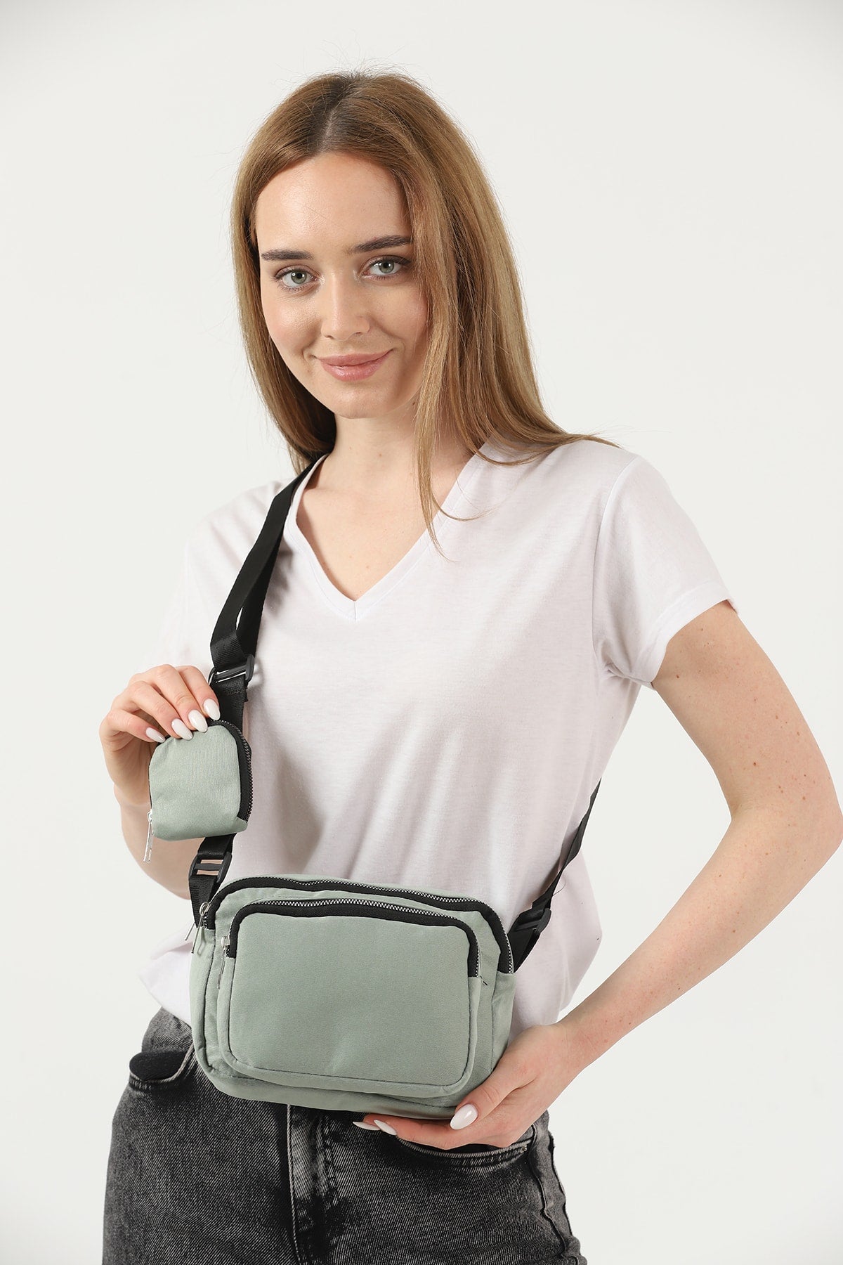 Green U4 Canvas Women'S Cross Shoulder Bag With 2 Compartments And Wallet With Adjustable Strap B:17 E:22 G:12