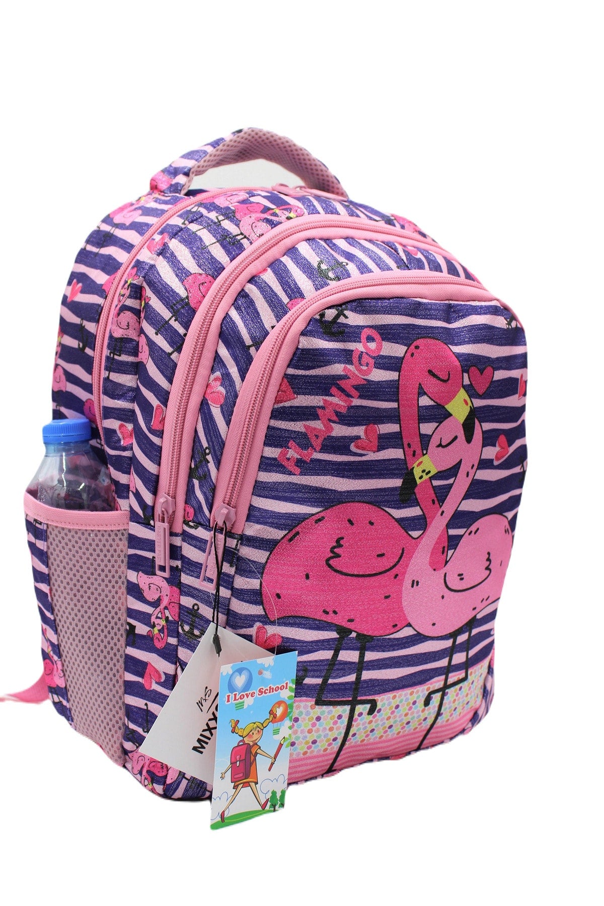 Sim Flamingo gemusterter dunkelvioletter Rucksack für Mädchen, Grundschultasche, Set mit Lunchbox und Stifthalter