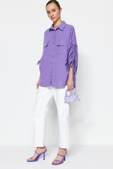 Purple Adjustable Ruffle Detailed Woven Cotton Shirt TCTSS23TG00011 - Swordslife